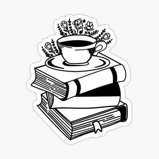 Discover Pile of Books, Coffee and Flowers Lineart
