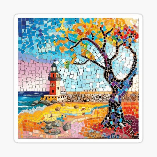 Discover A mosaic rendering of a tranquil Mediterranean beach, alive with vivid colors and a serene landscape