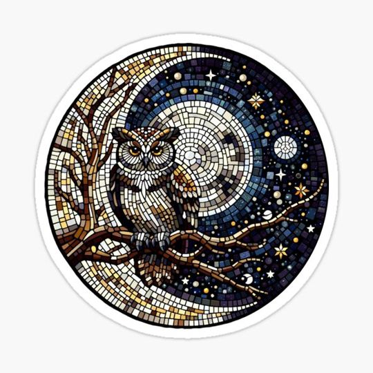 Discover Celestial Night Owl Mosaic - Enchanting Moonlit Artwork