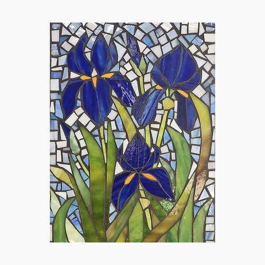 Discover Dark blue irises stained glass mosaic