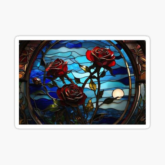 Discover Dramatic thorny red rose in stained glass v1