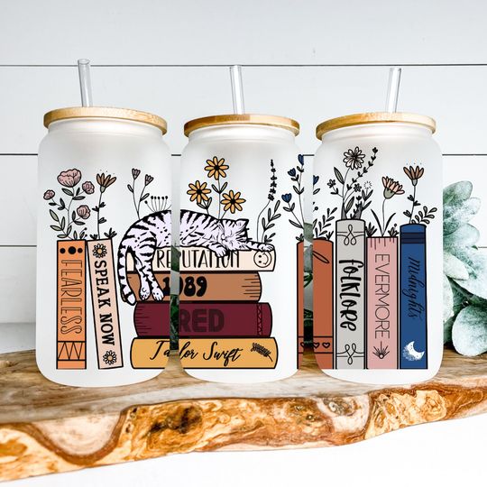 Discover Albums As Books 16 Oz Tumbler, Karma Frosted Glass Can, Iced Coffee Cup, Midnight Glass Can, Music Gifts