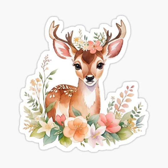 Discover Beautiful Watercolor Deer with Floral Accents Art Print