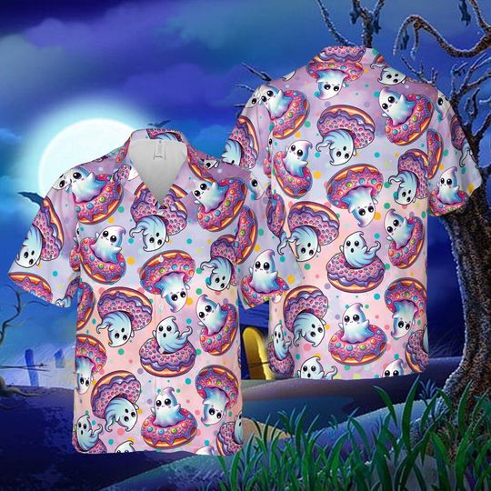 Discover Spooky Summer Hawaiian Shirt, Cute Ghost Donut Float Button Up Shirt, Beach Summer Shirt