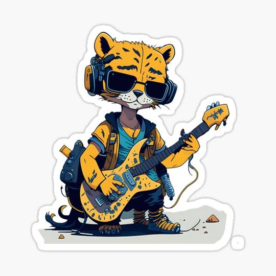 Discover cat wearing a headphone and sunglasses playing a guitar