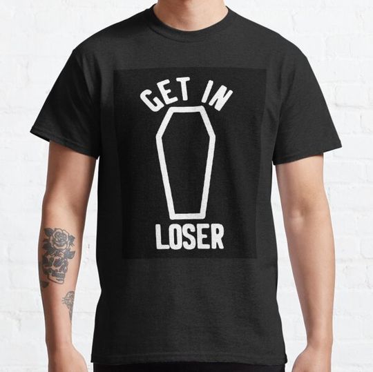 Discover “Get In Loser” White on Black Coffin Pastel Goth Drawing and Typography