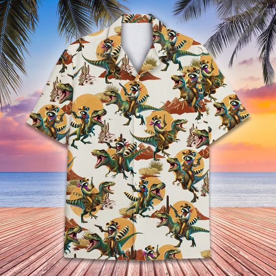 Discover Raccoon Riding Dinosaur Hawaiian Shirt for Men Women, Western Raccoon Hawaiian Shirt