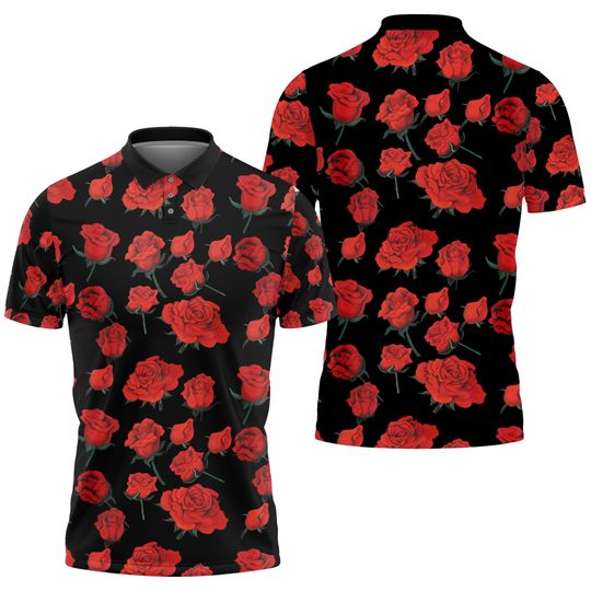 Discover Printed Red Rose Art Pattern Casual Men's Polo Shirt S-5XL