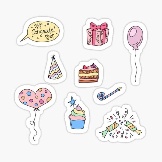 Birthday Stickers Pack. Bday Doodle Drawings