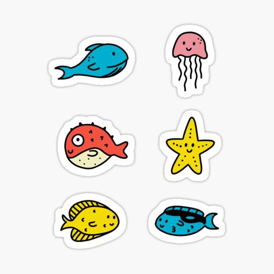 Discover Ocean Creatures Sticker Pack - Whale, Jellyfish, Starfish, Pufferfish, Yellow Fish, Blue Fish