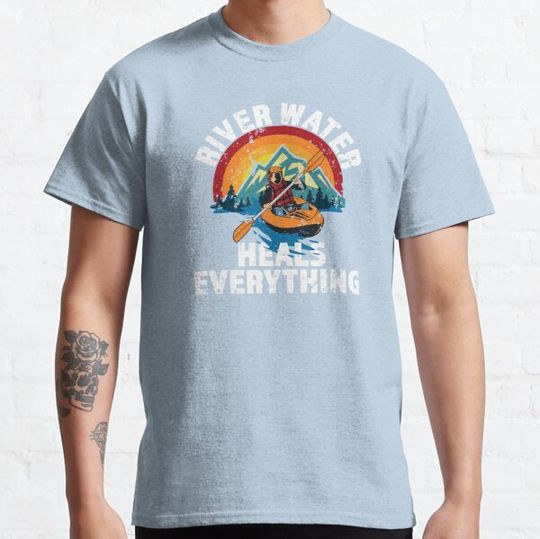 Discover River Water Heals Everything - Kayak - Great Gift for River Lovers - Multi Color Logo & White Lettering - Distressed Look