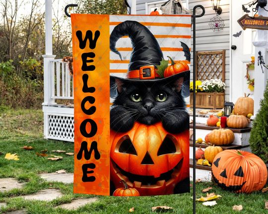 Discover Halloween, Garden Flag Design, Black Cat, Spooky, Decoration, Garden Flag