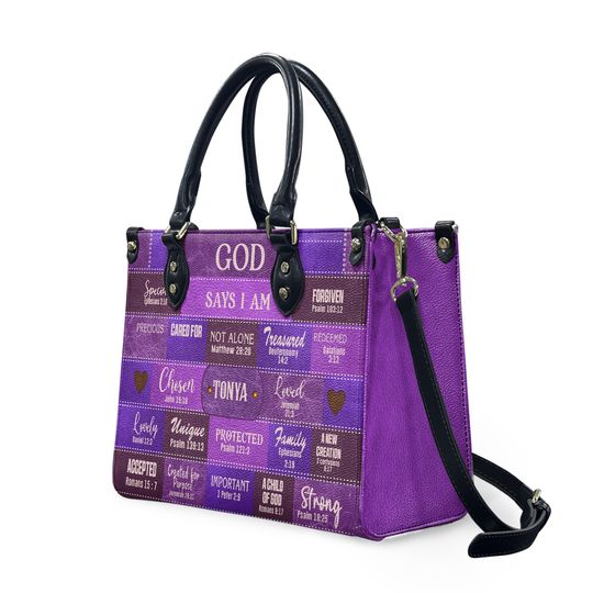 Discover God Says I Am Leather Handbag Purple, Personalized Bags