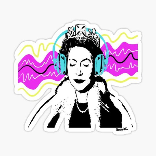 Discover Queen Elisabeth listening rock music with headphones pop art style