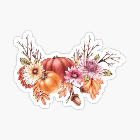 Discover Watercolor autumn pumpkin with flowers