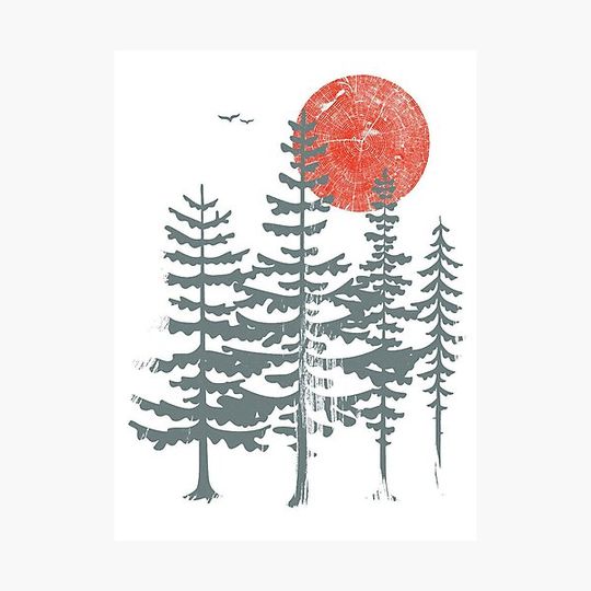 Discover Evergreen Trees Screenprint - Art Print Silkscreen - Red Sun Northwest Forest Poster Woodland Art Print