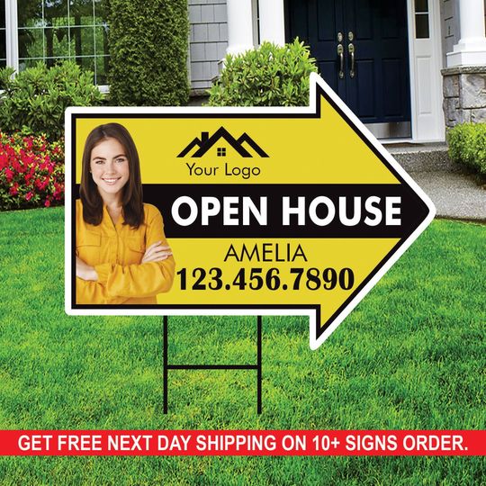 Discover Custom Open House Arrow Yard Sign Add Your Text, Logo, Photo Personalized Open House Directional Signs with Metal H-Stake