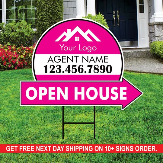 Discover Custom Open House Arrow Yard Sign Add Your Text, Logo, Photo Personalized Open House Directional Signs with Metal H-Stake