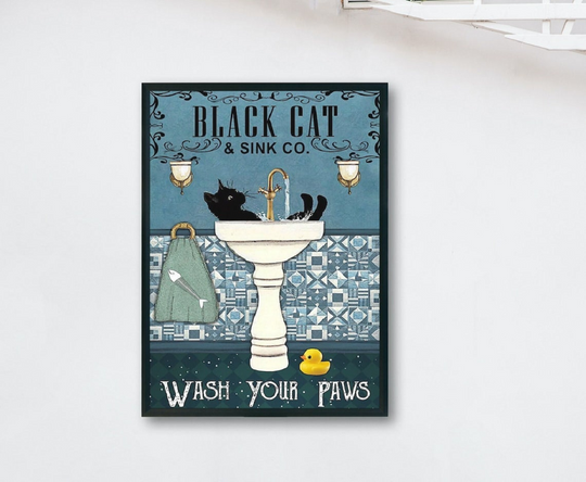 Discover Black Cat Wash Your Paws Poster - Unique Bathroom Decor