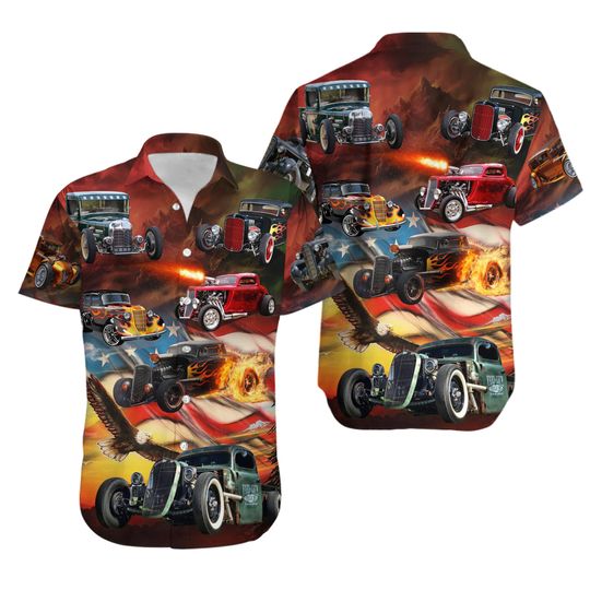 Discover Hot Rod Independence Day American Flag Hawaiian Shirt Unisex Beach Short Sleeve