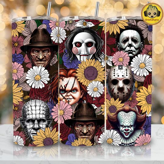 Discover Floral Horror Movie Friends 20 oz Skinny Tumbler, Scary Killers Halloween Tumbler