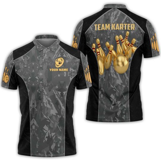 Discover Custom Name Team Name Gold Bowling Ball In Dark Men's Polo Shirt