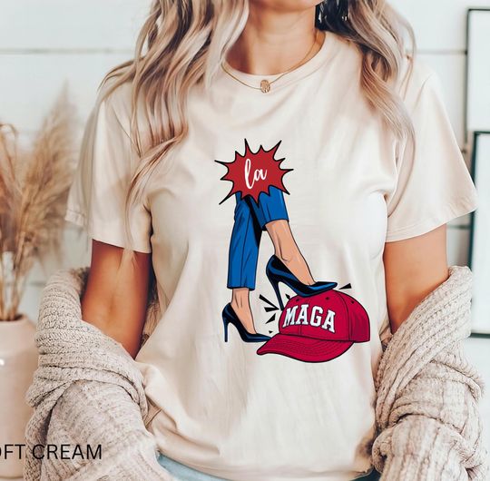 Discover Kamala Harris Blue Heels Stepping On Red MAGA Hat, Funny Kamala Shirt