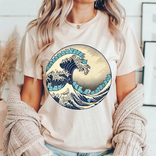 Discover Blue Wave Cat for Kamala T-Shirt, Ukiyo-e Inspired Japanese