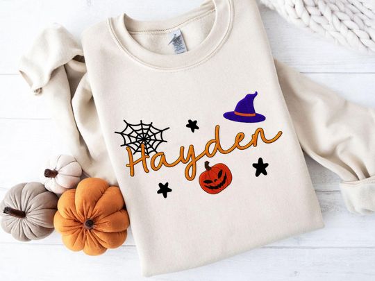 Discover Happy Halloween Personalized Embroidered Name Sweater, Custom Baby Name Sweater