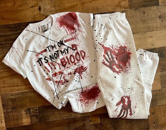 Discover Bloody Halloween tshirt set, Blood Hand Problem Solved, Scary Gore fun Costume sweatpants, HHN Horror Night unisex set