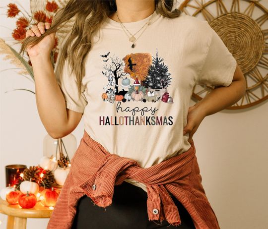 Discover Happy Hallothanksmas Shirt, Happy Halloween Thanksgiving Christmas Shirt