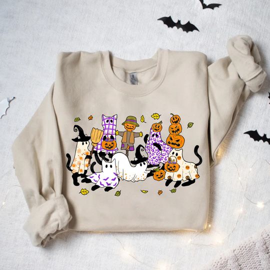 Discover Black Cat Halloween Sweatshirt, Ghost Cat Sweatshirt, Halloween Sweatshirt