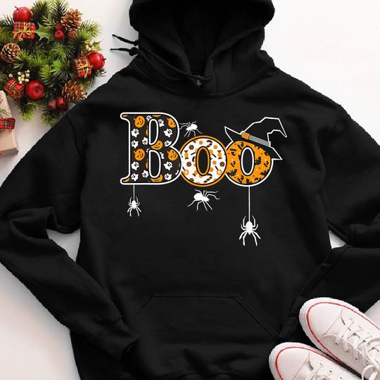 Discover Boo With Spiders And Witch Hat Halloween Hoodies, Halloween Party Gift