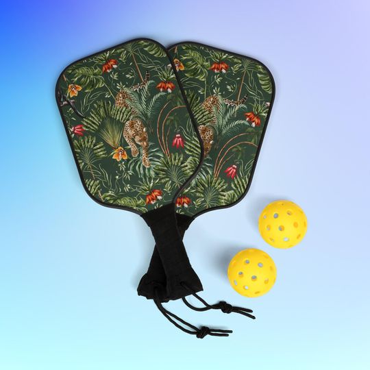 Discover Green Jungle Leopard Print Pickleball Bundle Set, Cute Tropical Cheetah Pickleball Set