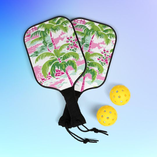 Discover Preppy Tropical Pink Green Pickleball Bundle Set, Cute Island Pickleball Set