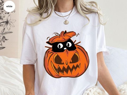 Discover Funny Pumpkin Face T-Shirt, Funny Cat Shirt, Pocket Halloween Shirt