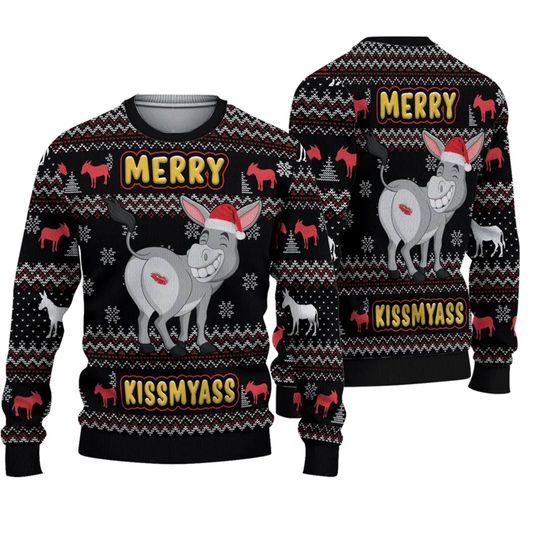 Discover Donkeys Merry Kissmyass Ugly Christmas Sweater, Funny Christmas Ugly Sweater