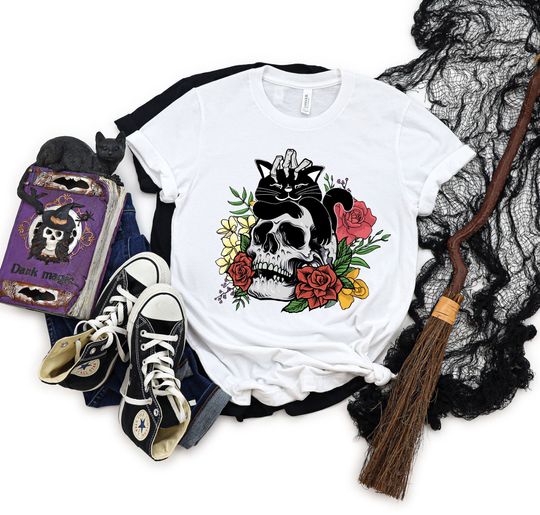 Discover Floral Black Cat and Skull Shirt, Halloween Skull T Shirt