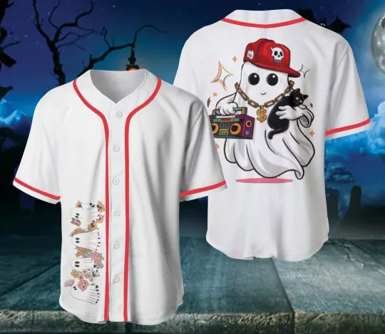 Discover Baseball Jersey Cute Ghost With Cat Hip Hop Halloween Jersey, Spooky Season