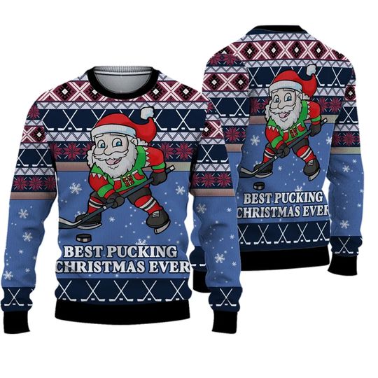 Discover Funny Santa Playing Hockey 3D Ugly Christmas 3D Sweater