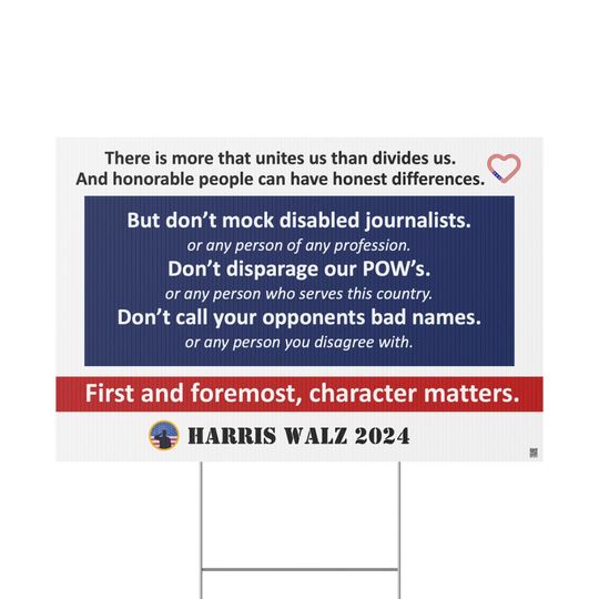 Discover Harris Walz 2024 Character Matters Yard Sign