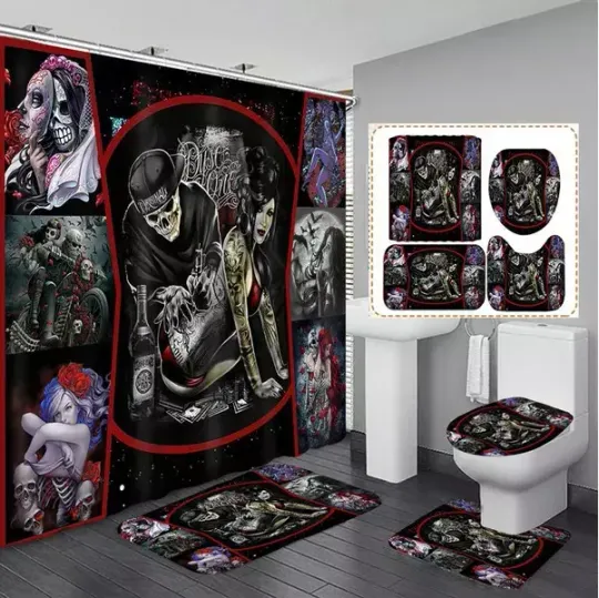 Discover Skull Pattern Waterproof Print Shower Curtain Set