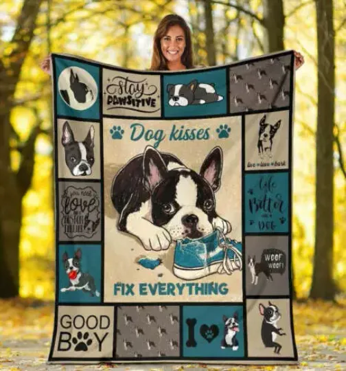 Discover Custom Dog Kisses Fix Everything Boston Terrier Dog Plush Fleece Blanket