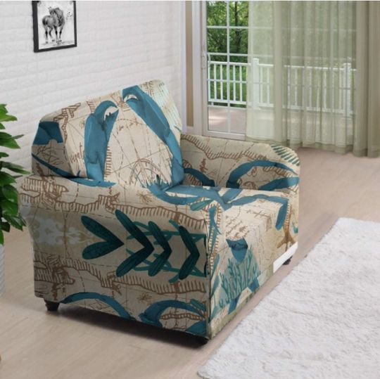 Discover Sea Crab Couch Cover, Nautical Sealife Sofa Slipcover, Beach Ocean Theme Armchair