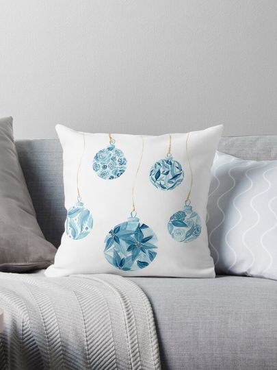 Discover Merry Christmas Blue and White Baubles Pillow