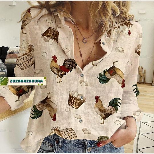 Discover Rooster Linen Shirt, Rooster Shirt, Hen Shirt, Chicken Shirt, Farmer Blouses Shirt