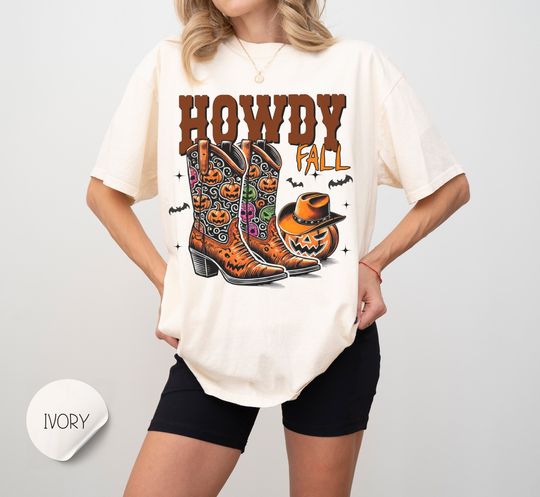 Discover Howdy Fall Graphic Tee, Cute Autumn Shirt, Cowboy Boots and Pumpkins T-Shirt
