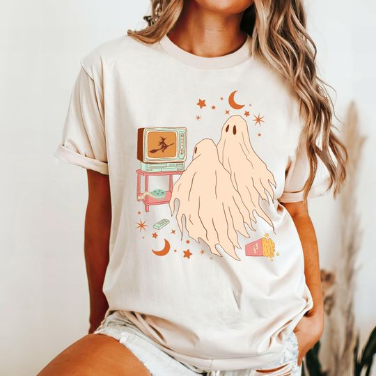 Discover Vintage Ghost Shirt, Ghost Watching TV Halloween Shirt, Halloween Party Tee