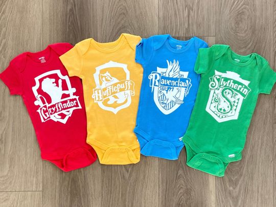 Discover Wizard House ONESIES brand bodysuits, sorcerer sorting bodysuits, 9 3/4 month house sorting ONESIES, wizard first birthday party
