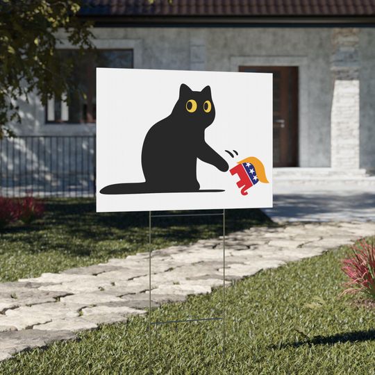 Discover Kamala Harris 2024 Yard Sign with Black Cat Knocking Over MAGA GOP Elephant